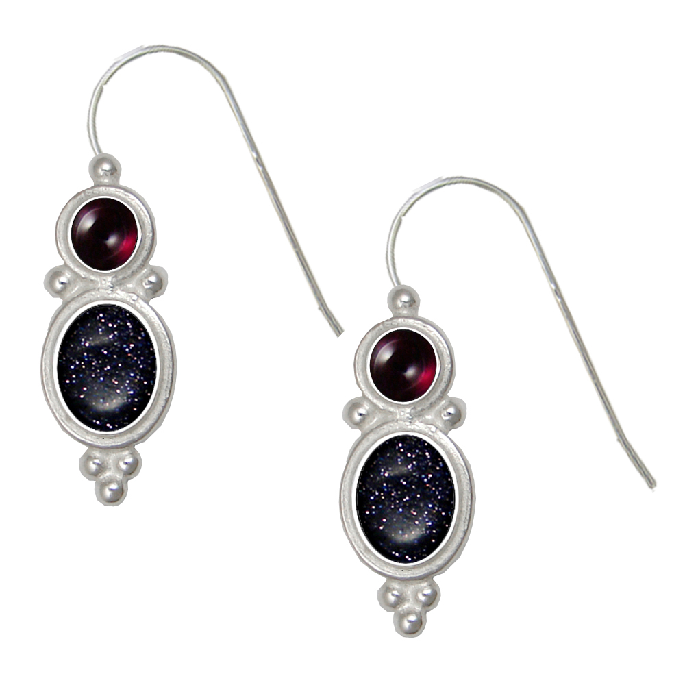 Sterling Silver Drop Dangle Earrings With Blue Goldstone And Garnet